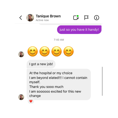 Tanique celebrating a new job at the hospital of her choice